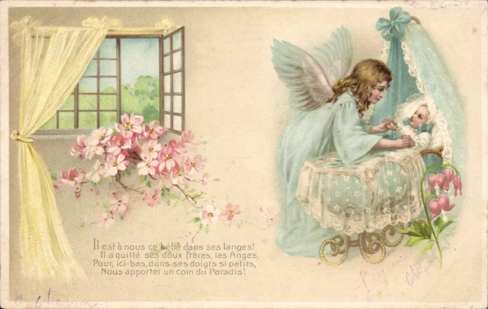 Anjo vigiando um bebê em um berço — editor não identificado, número de série não visível - Frente