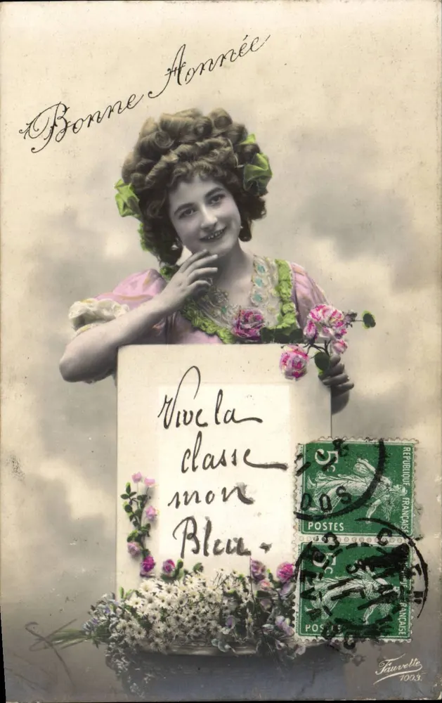 Lächelnde junge Frau — Frohes Neues Jahr — Verlag Fauvrelle, Nr. 1003 - Vorderseite