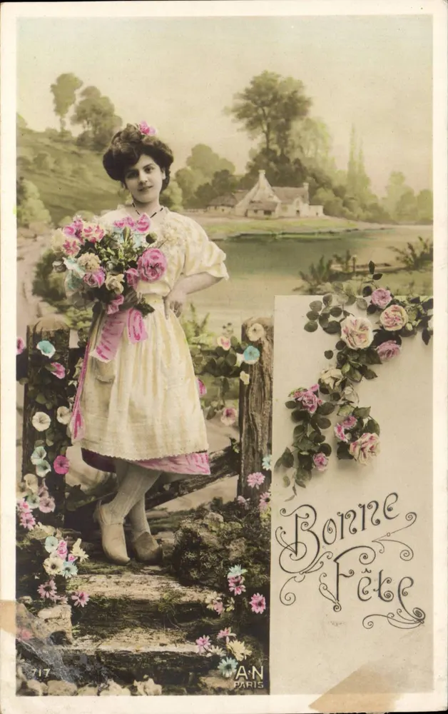 Junge Frau mit Rosenstrauß — ländliche Szene — A.N. Paris, n°17 - Vorderseite