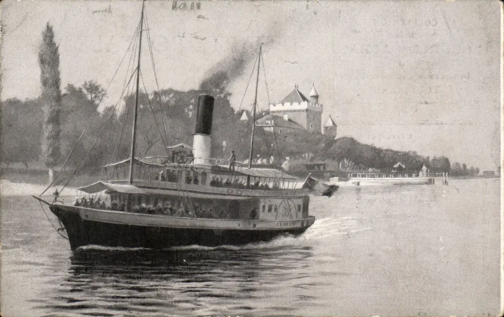 Dampfschiff in Genf — Schloss Chillon im Hintergrund — Collection de la Source Cachat - Vorderseite