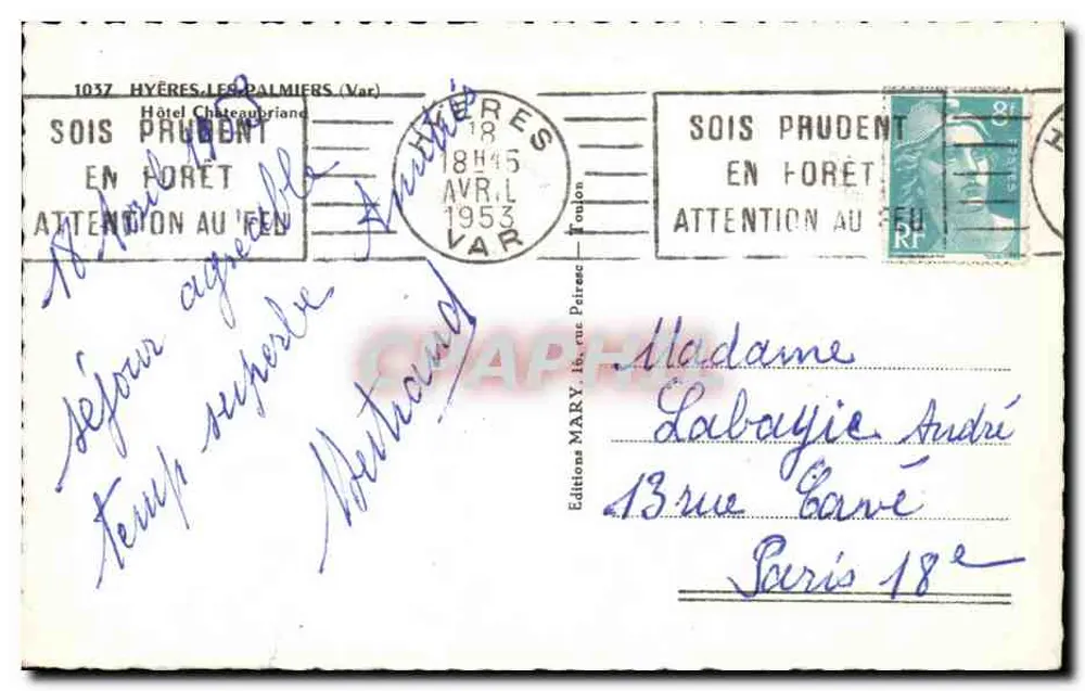 Hôtel Châteaubriand — Hyères-les-Palmiers (Var) — Éditions MARY, n°1037 - Rückseite