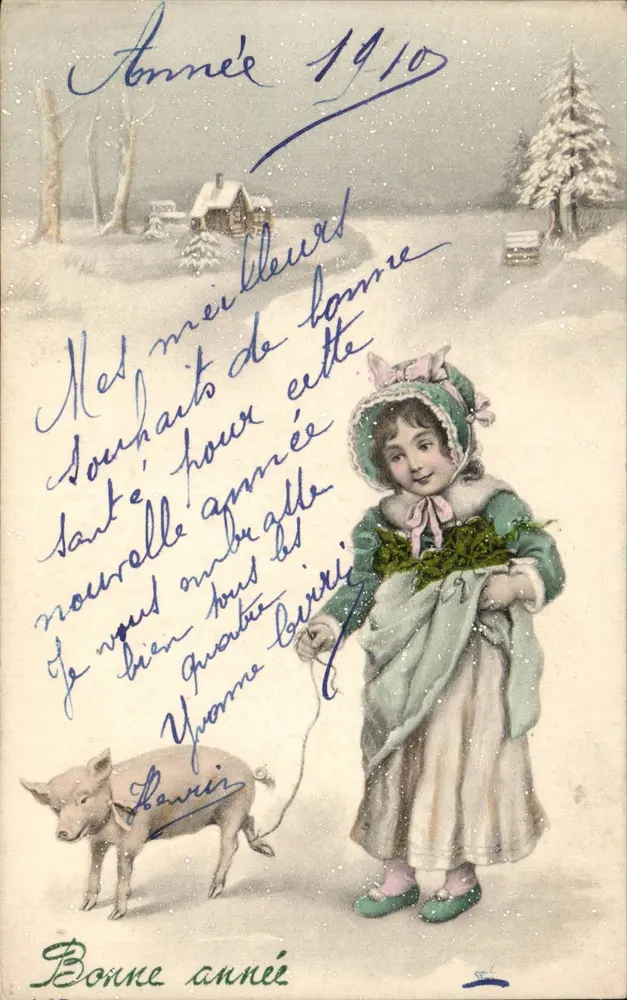 Kind mit Schwein — Winterlandschaft — V.K., Wien 5056 - Vorderseite