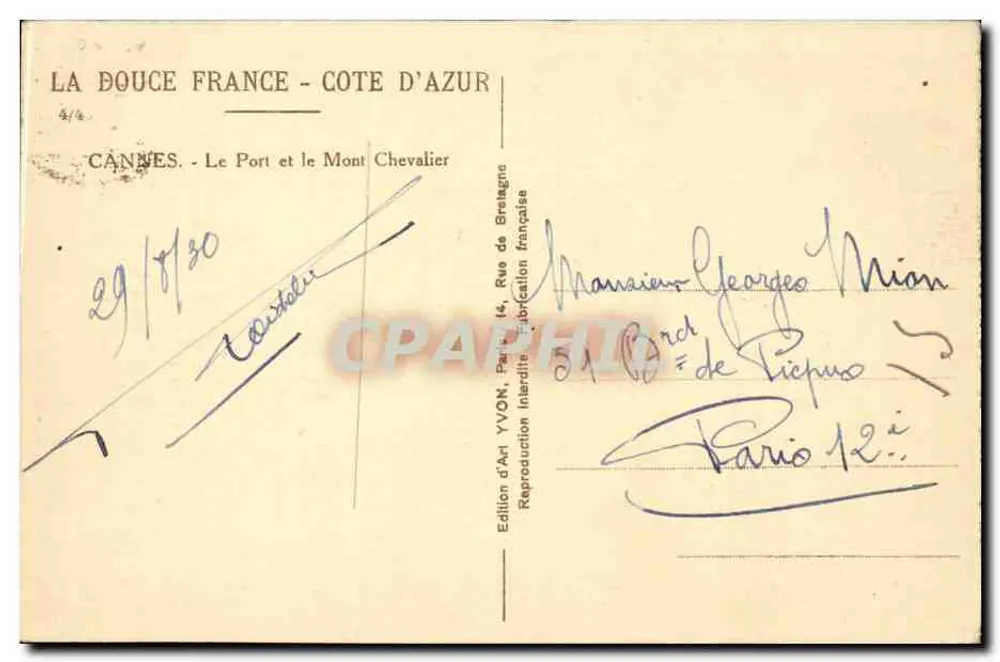 Cannes - Der Hafen und der Mont Chevalier — Künstleredition YVON, Paris - Rückseite