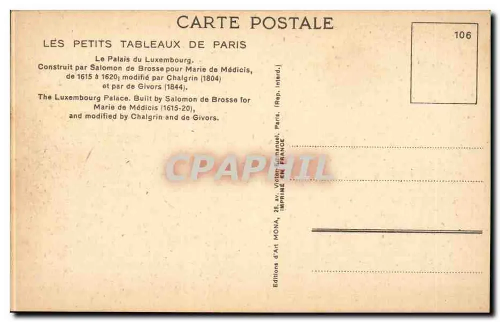 Het Palácio del Luxembourg — Parijs — Éditions d'Art Mona, n°106 - Achterkant