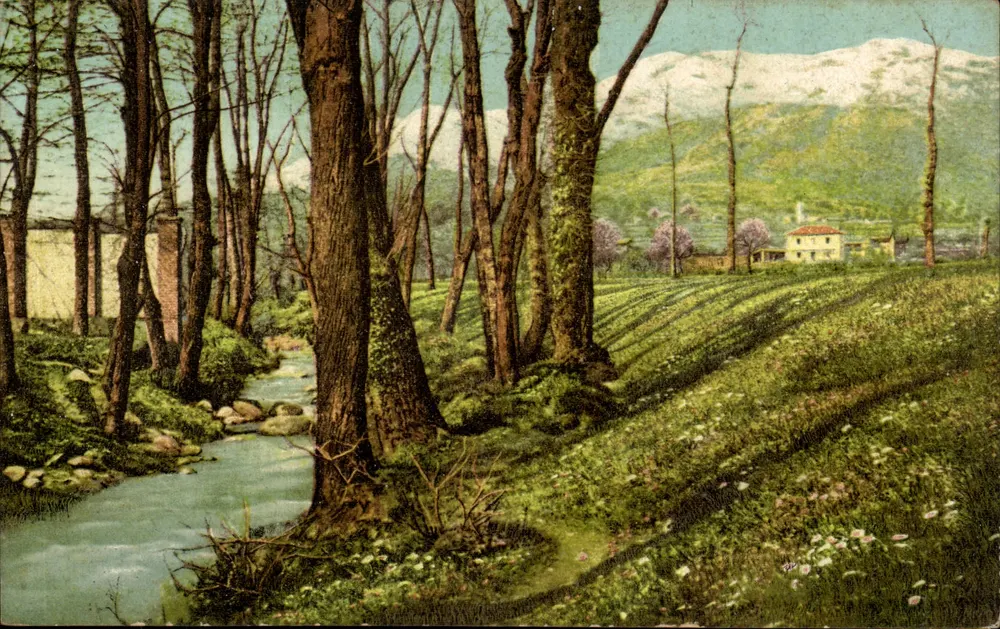 Paesaggio di fiume e montagne innevate — Cade, su l'acqua accolta ne la carcere breve, mite come la neve qualche foglia disciolta. — D'Annunzio — Fotocromia-Terni n°521 - Recto