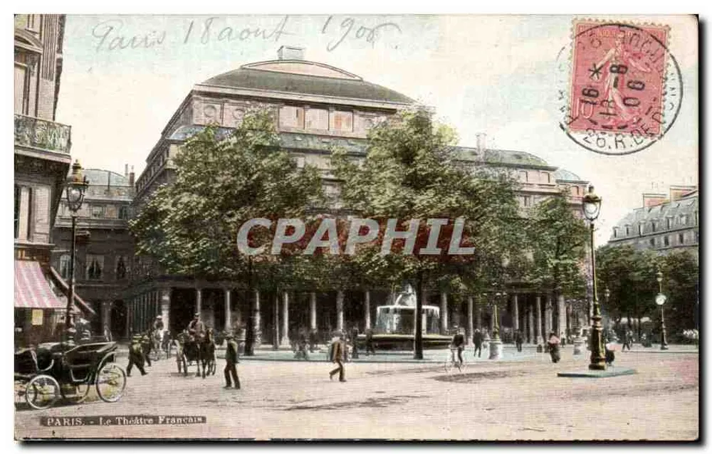 Paris - O Teatro Francês — vista da praça com fonte e pedestres — editor L.Y. & Cie - Frente