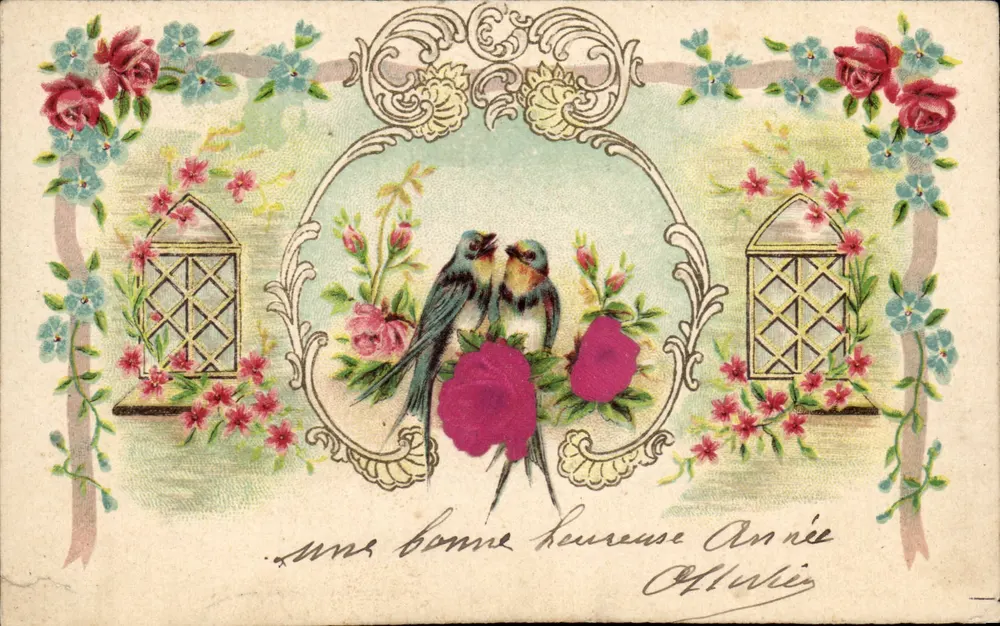 Deux oiseaux — scène décorative avec rosiers et lanternes — éditeur 'Carte Postale.' (verso) - Frente
