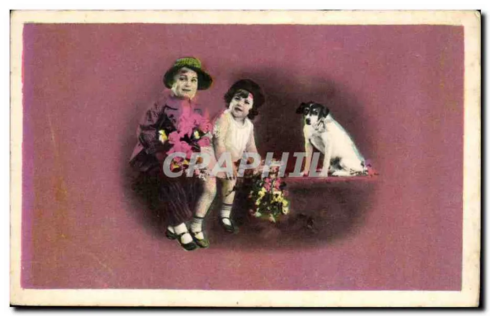 Zwei junge Mädchen und ein Hund — farbige Szene — unbekannter Verlag - Vorderseite