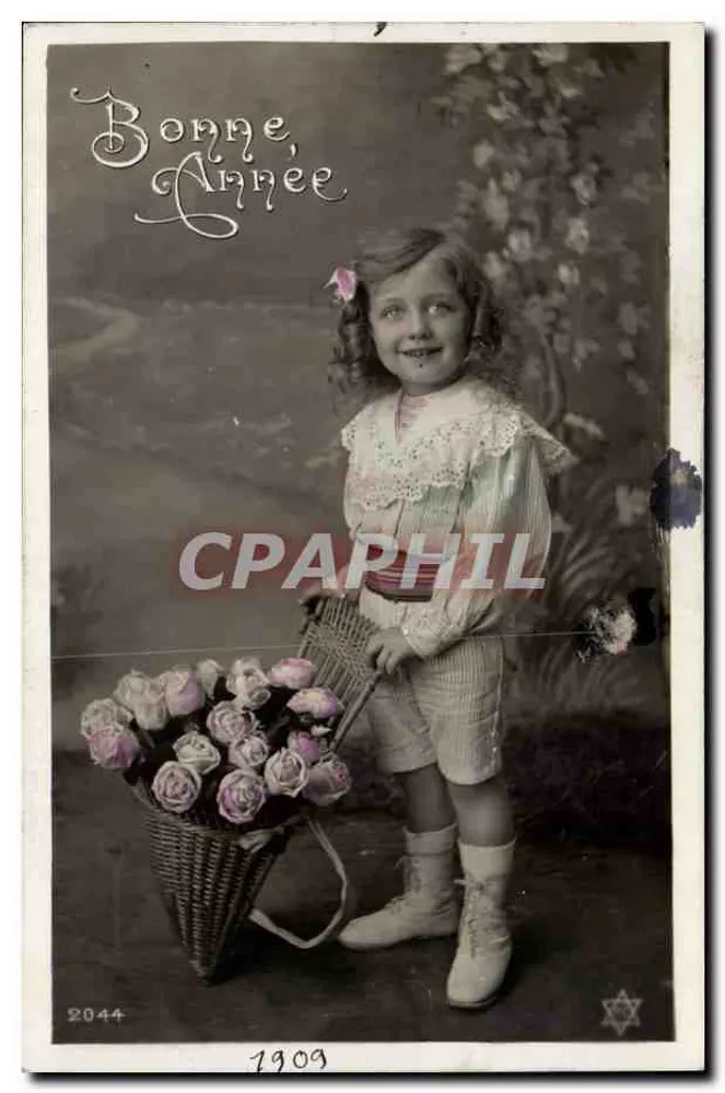Menina com cesta de rosas — Bonne Année 1909 — editor desconhecido, n° 2044 - Frente
