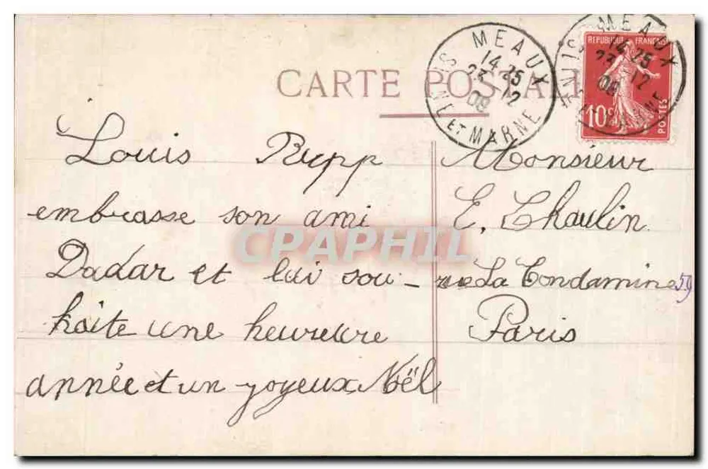 Menina com cesta de rosas — Bonne Année 1909 — editor desconhecido, n° 2044 - Verso