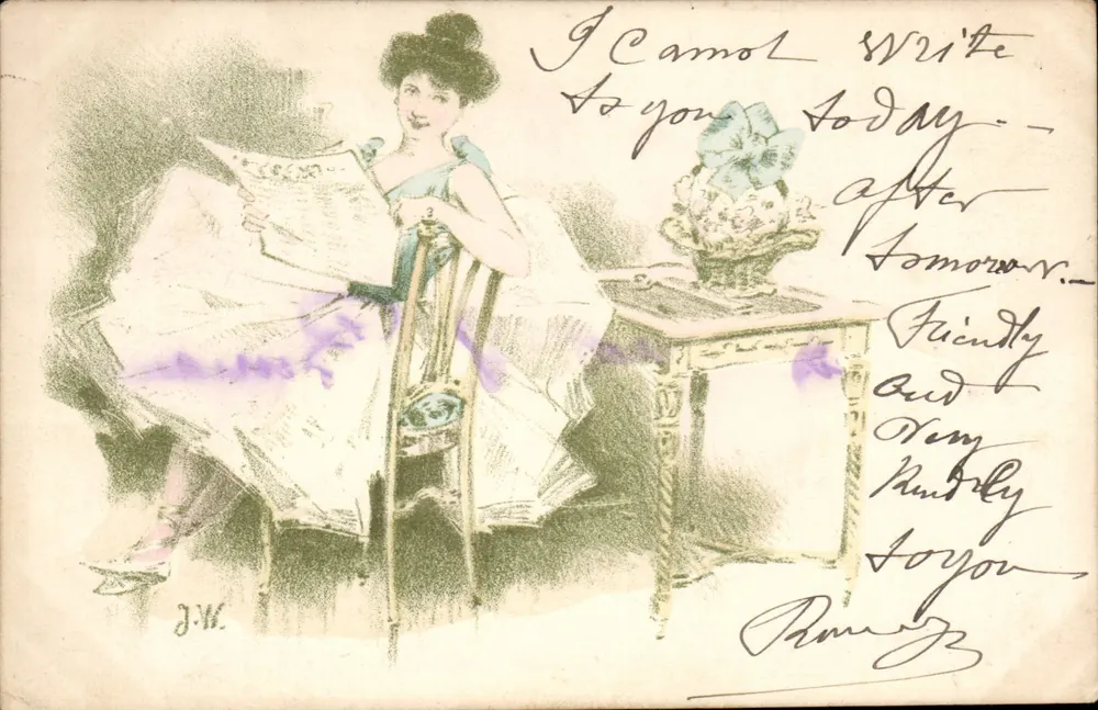 Frau, die eine Zeitung liest — Illustration — J.W. (Unbekannter Verleger) - Vorderseite