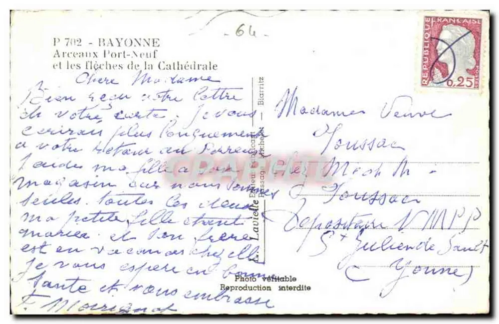 Bayonne — Kathedrale und Kathedralentürme — Verlag Lamelle, Nr. P 702 - Rückseite
