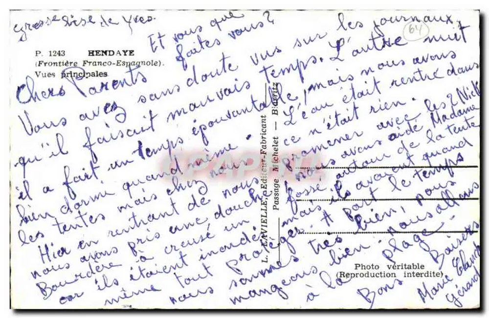 Hendaye — Fronteira Franco-Espanhola — L. Davielle, Editor-Fabricante, P. 1243 - Verso