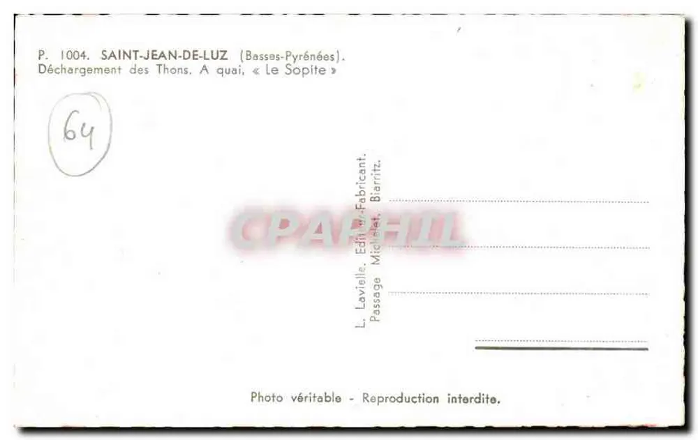 Saint-Jean-de-Luz — Entladen von Thunfischen am Kai « Le Sopite » — Lavielle, n° 1004 - Rückseite