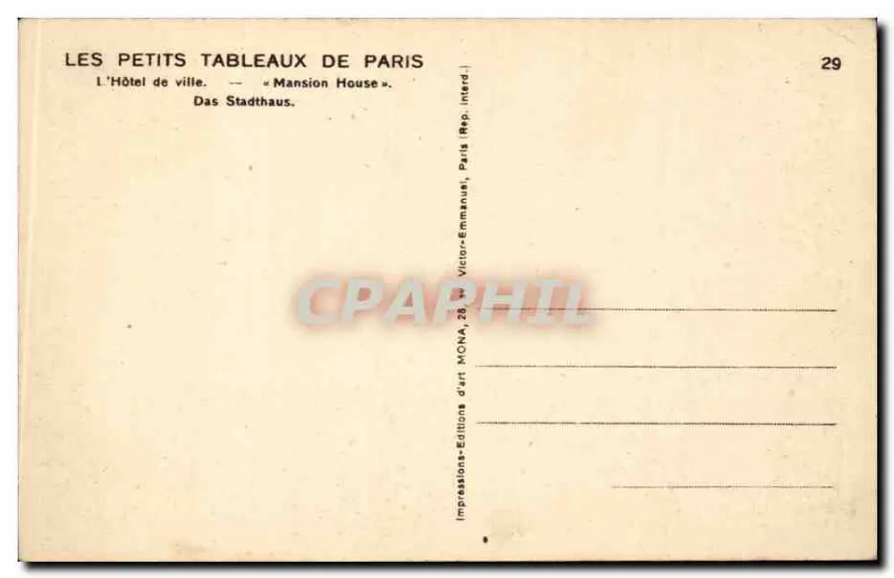 Hôtel de Ville de Paris — vista panorâmica — editor Mona, n°29 - Verso