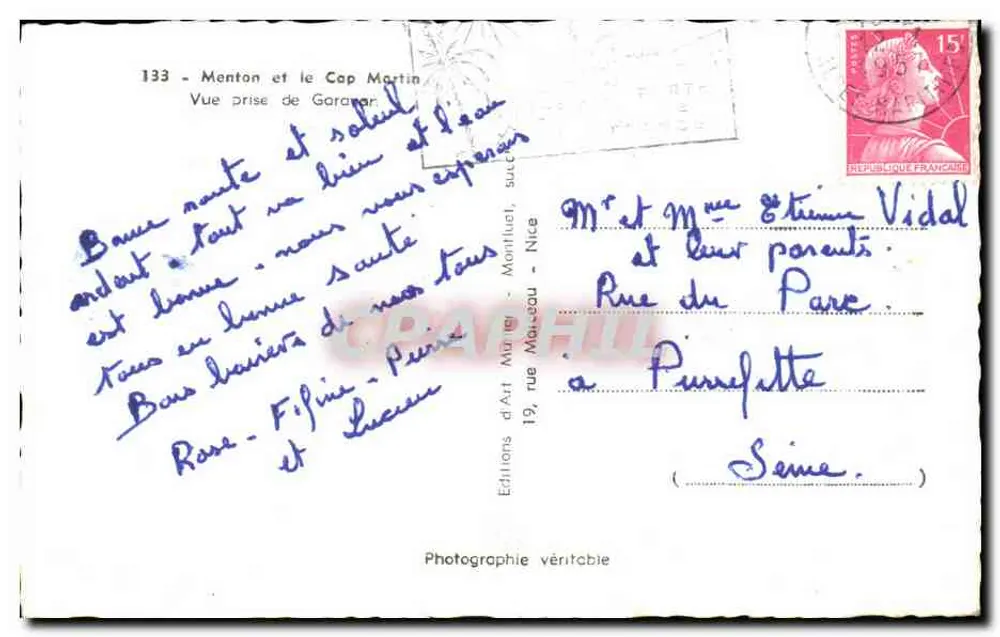 Menton e o Cabo Martin — Vista tirada de Garavan — Edições d'Art Muriel, Montluçon - Verso