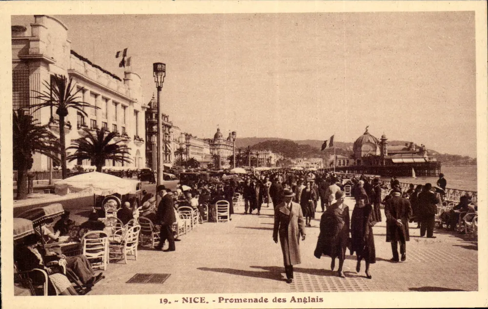 Nice - Promenade dos Ingleses — vista animada com terraço de café e palácio de verão — editor 'A la Rivière' n°19 - Frente