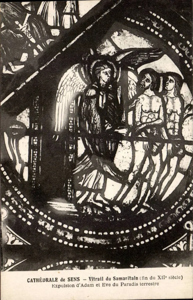 Catedral de Sens — Vitral do Samaritano (fim do século XII) — Expulsão de Adão e Eva do Paraíso Terrestre - Frente