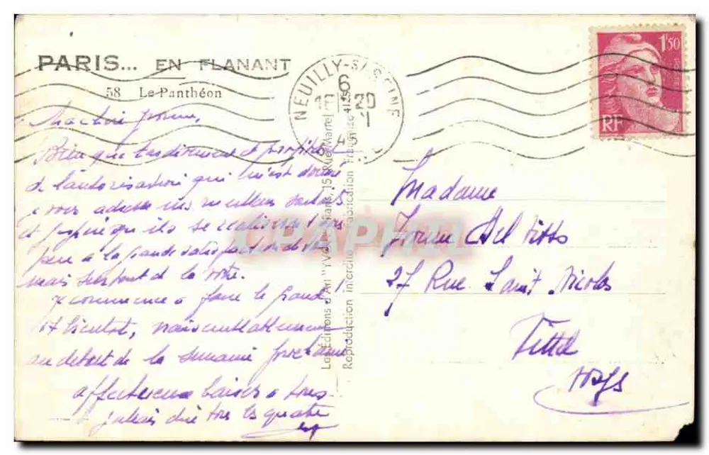 O Panteão — Paris — Edições Triboulet, n° 58 - Verso