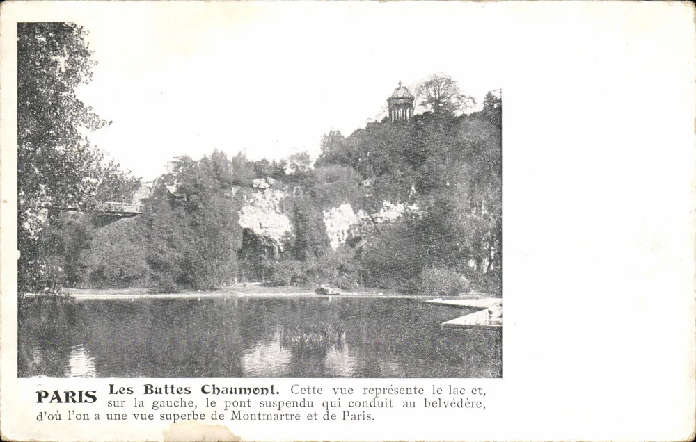 Les Buttes Chaumont — uitzicht op het meer en de houten brug — uitgever onbekend - Voorkant