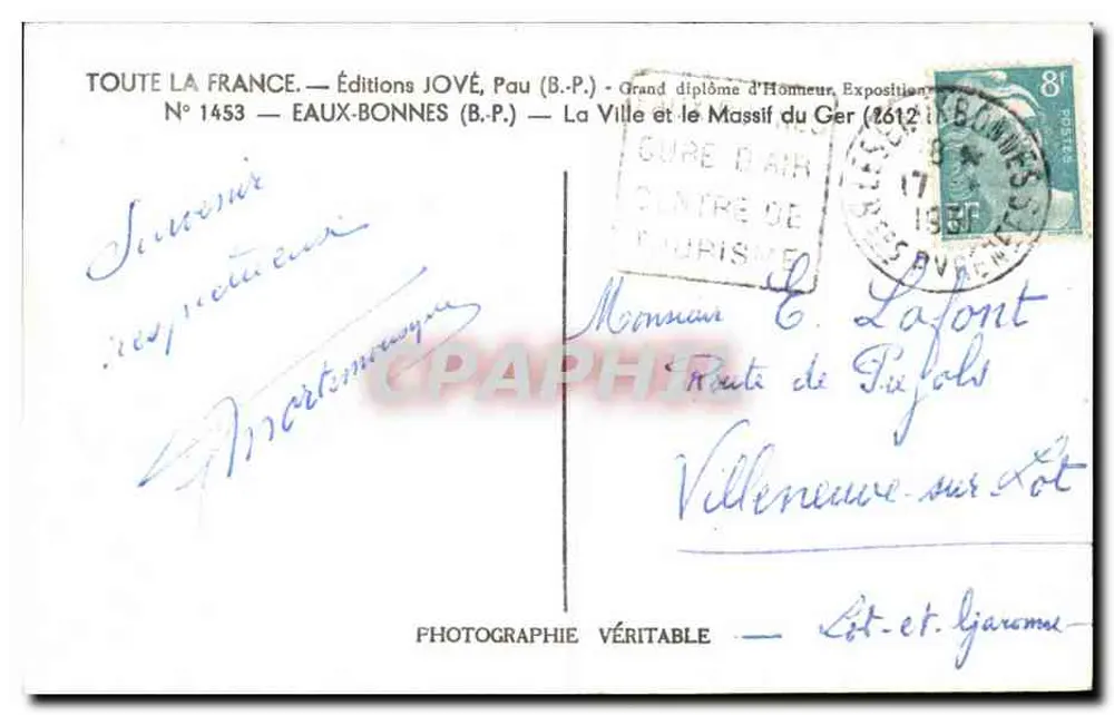VILLE ET LE MASSIF DU GER — ÉDITIONS JOVÉ, PAU (B.P.) — N° 1453 - 뒷면