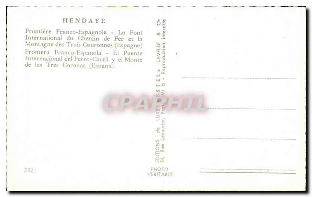 Pont sur le fleuve à Hendaye — Frontière Franco-Espagnole — Éditeur Lavelle & Cie, n°3321 - Verso