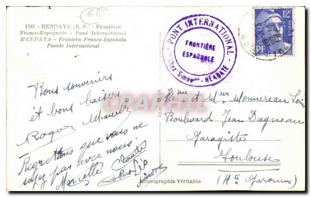 Fronteira Franco-Espanhola em Hendaya — Ponte Internacional — Editor Elcé - Verso