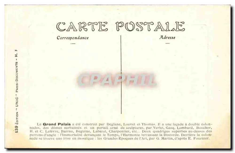 Paris — O Grande Palácio — Edição 'UNIC' n°139 - Verso
