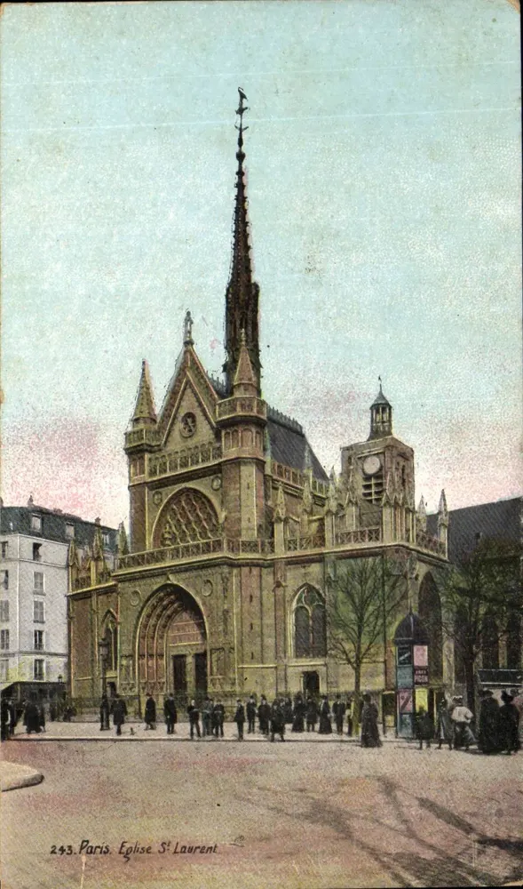 Paris. Igreja de São Laurent — visão do edifício com seu campanário e fachada gótica — editor Aqua Photo, n° 243 - Frente