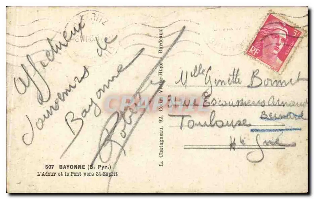 Blick auf die Brücke und die Stadt Bayonne — Verlag Elg — Nr. 507 - Rückseite