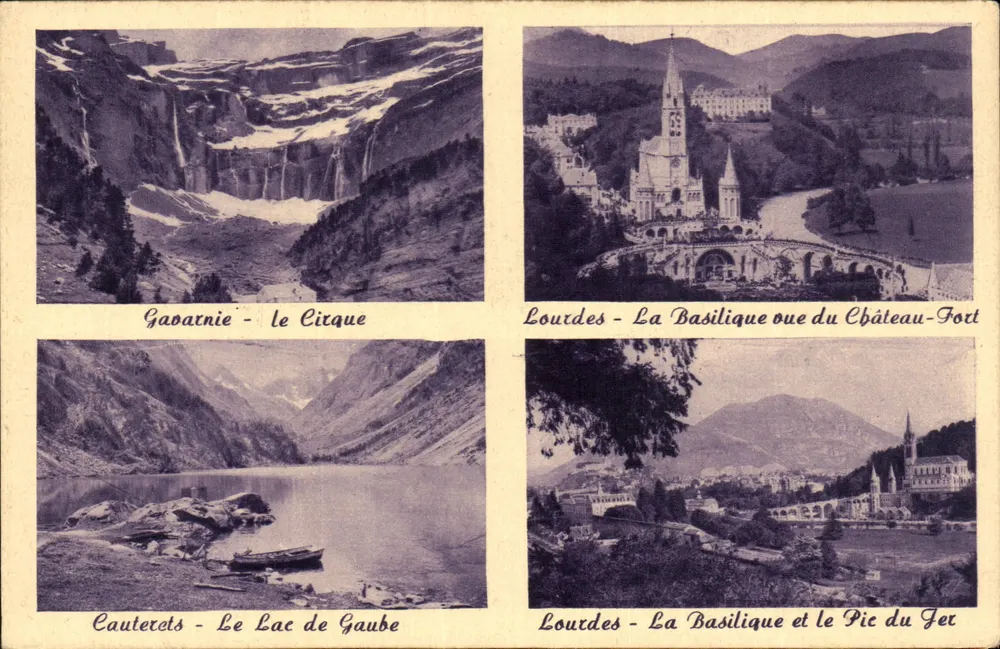 Gabatnie - A Vista do Circo / Lourdes - A Basílica e o Castelo-Forte / Cauterets - O Lago de Gaube / Lourdes - A Basílica e o Pico do Jet - Frente