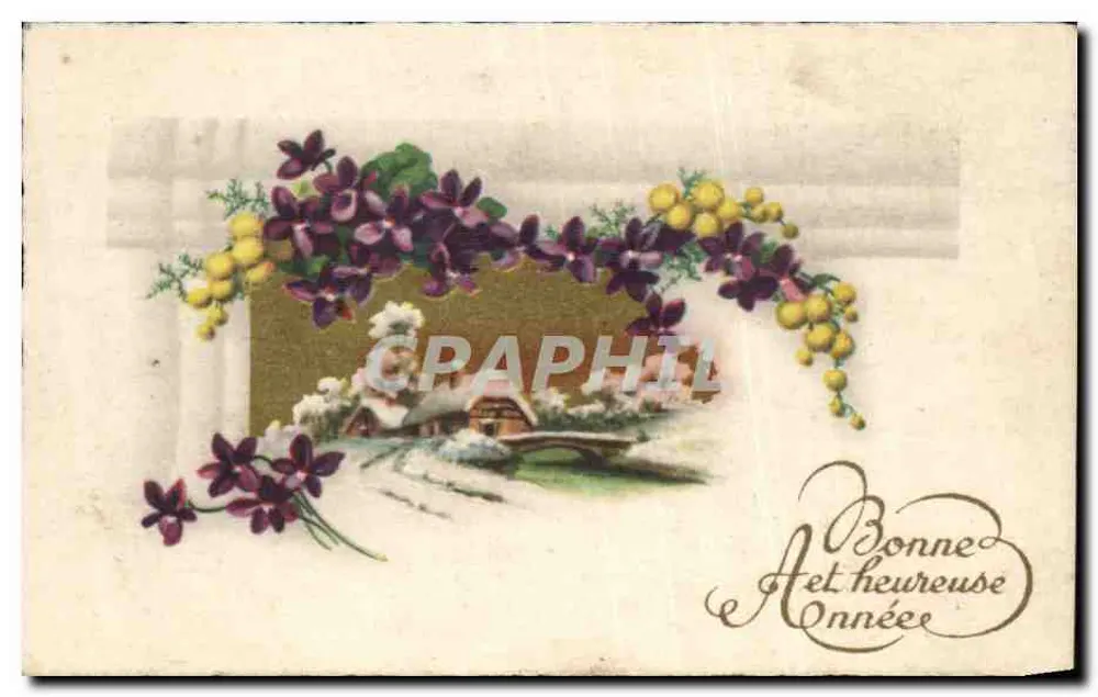 Blumen und Winterlandschaft — Frohes Neues Jahr — M.D. PARIS, Serie Nr. 312 - Vorderseite