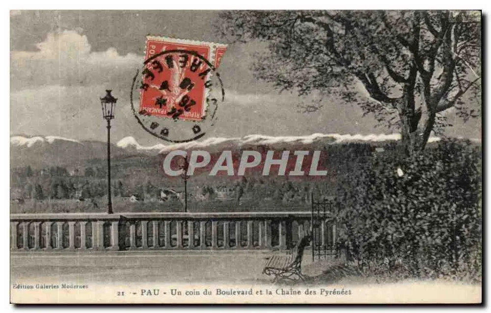 PAU - Eine Ecke des Boulevards und die Pyrenäen-Kette — Édition Galeries Modernes, Nr. 21 - Vorderseite