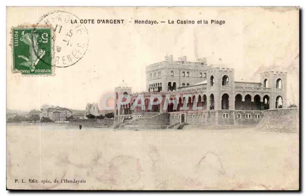 La Côte d'Argent - Hendaye — Il Casinò e la Spiaggia — P. L. Edit. spéc. de l'Hendaysais - Recto