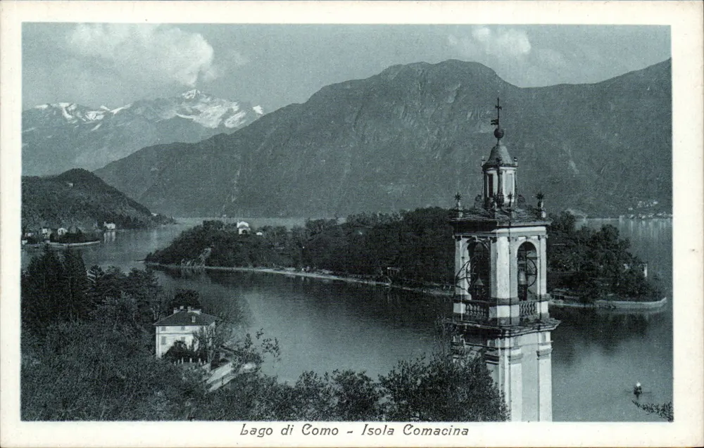Lago di Como - Isola Comacina — Ansicht der Kirchturms der Insel mit schneebedeckten Bergen im Hintergrund — Edit. Brunner & C., Como, n° 13323 - Vorderseite