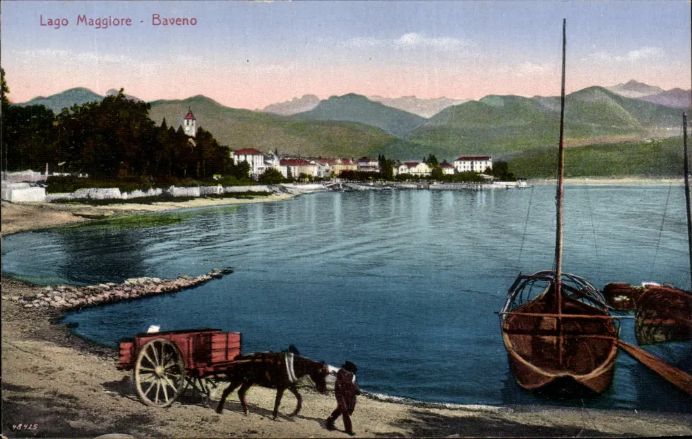 Lago Maggiore - Baveno — Ansicht des Sees mit Boot und Eselswagen — unbekannter Verlag, Nr. 98425 - Vorderseite