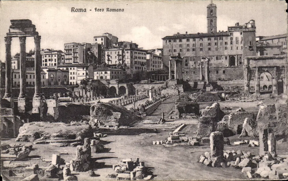 Rom - Forum Romanum — Ansicht antiker Ruinen mit Verlag 'Soro Romano' - Vorderseite