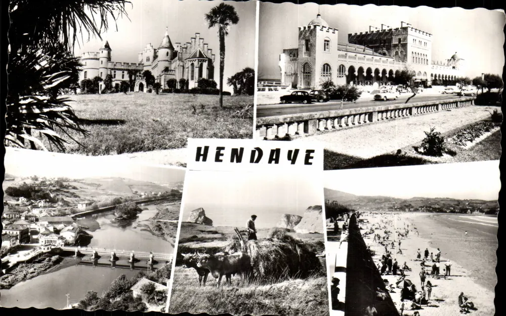 Hendaye — vista panorâmica com castelo, praia, ponte e vacas — editor Souvenir Hendaye - Frente