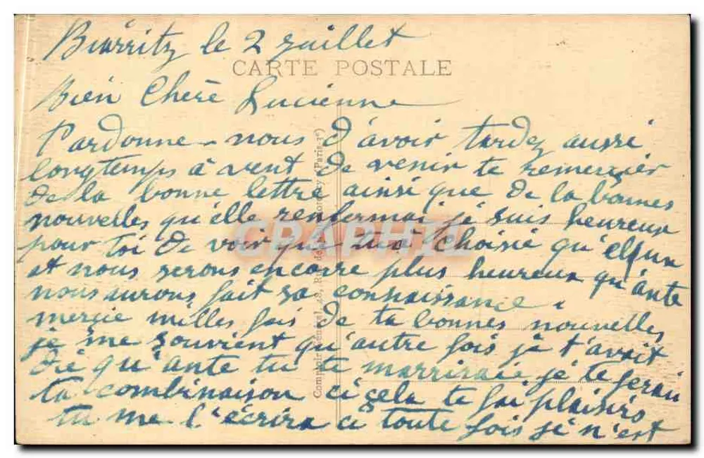 Biarritz - A Praia: O Canto Tranquilo — François Hoyer, litografia Biarritz, n° 543 - Verso