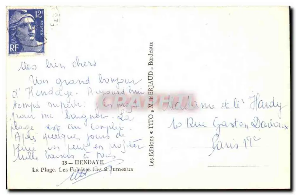 Strand von Hendaye — lebendige Ansicht mit Zelten — Verlag Tito, Serie 13 - Rückseite
