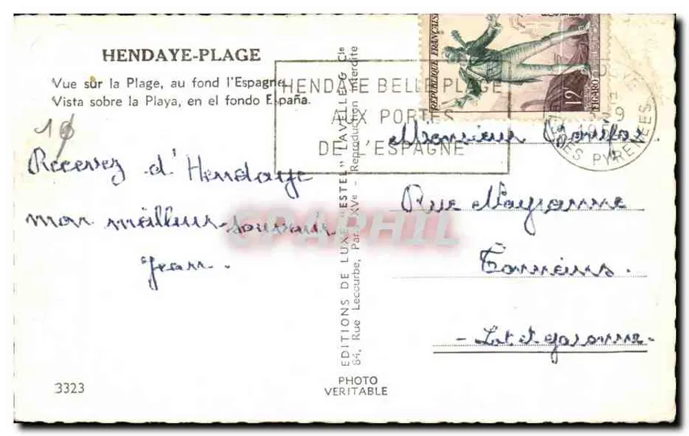 Hendaye-Strand — Ansicht des Strandes mit Spanien im Hintergrund — Éditions de Luna Estel, n°3323 - Rückseite