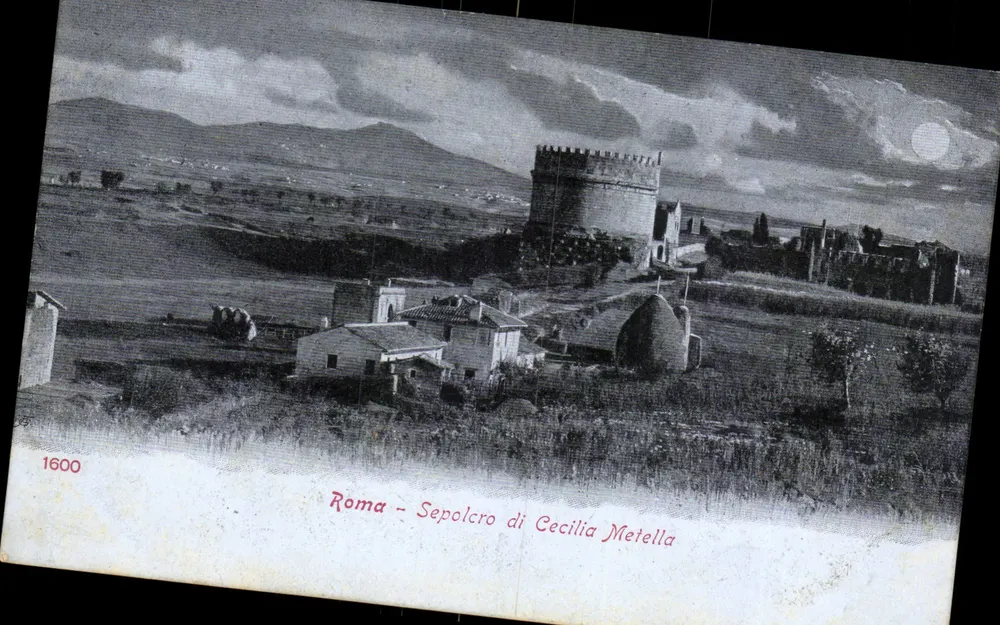 Rom - Grabmal der Cecilia Metella — Ansicht des Mausoleums mit runder Turm und Landschaft — unbekannter Verleger, Seriennummer 1600 - Vorderseite
