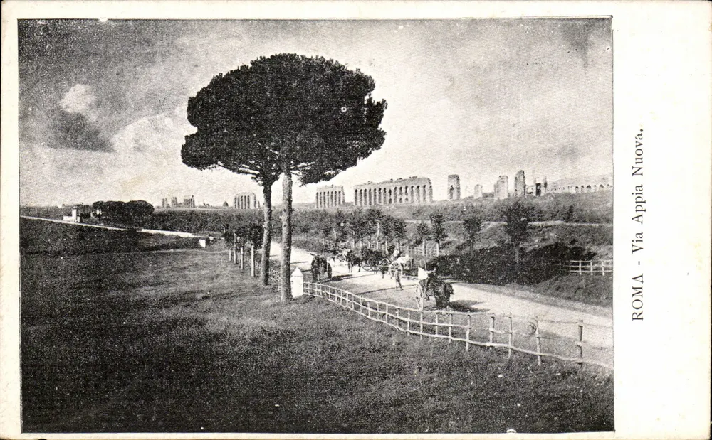 Roma - Via Appia Nuova — Ansicht der alten Straße mit Bäumen und Ruinen — unbekannter Verlag, Seriennummer nicht sichtbar - Vorderseite