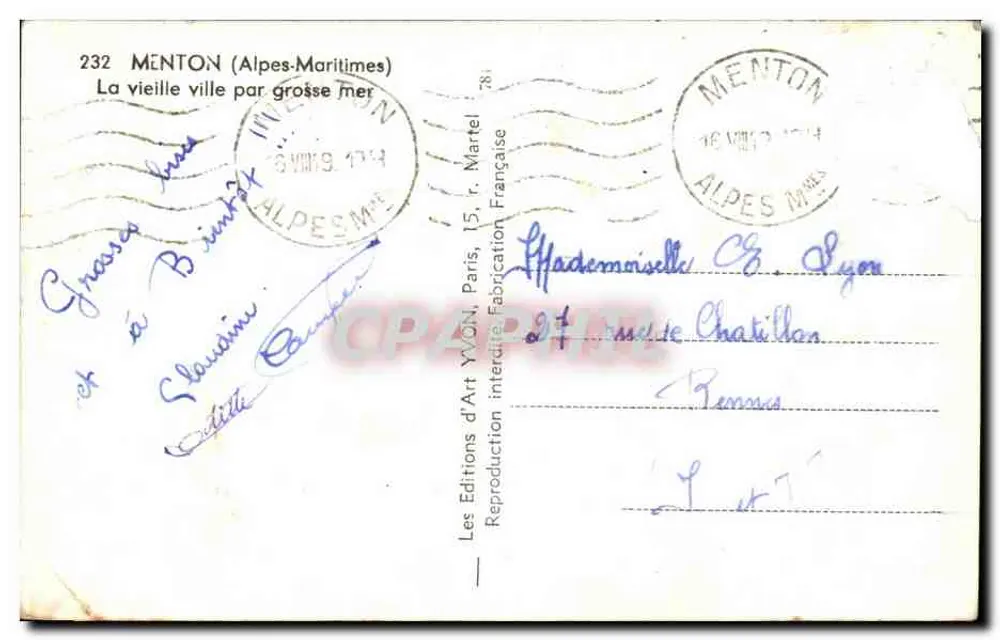 Menton (Alpes-Maritimes) — A velha cidade por mar agitado — Les Editions d'Art YVON, Paris - Verso