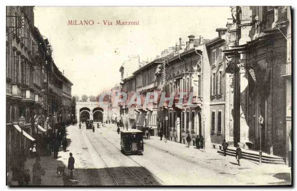 Mailand - Via Manzoni — Ansicht der Straße mit Straßenbahn — Verlag Solio - Vorderseite