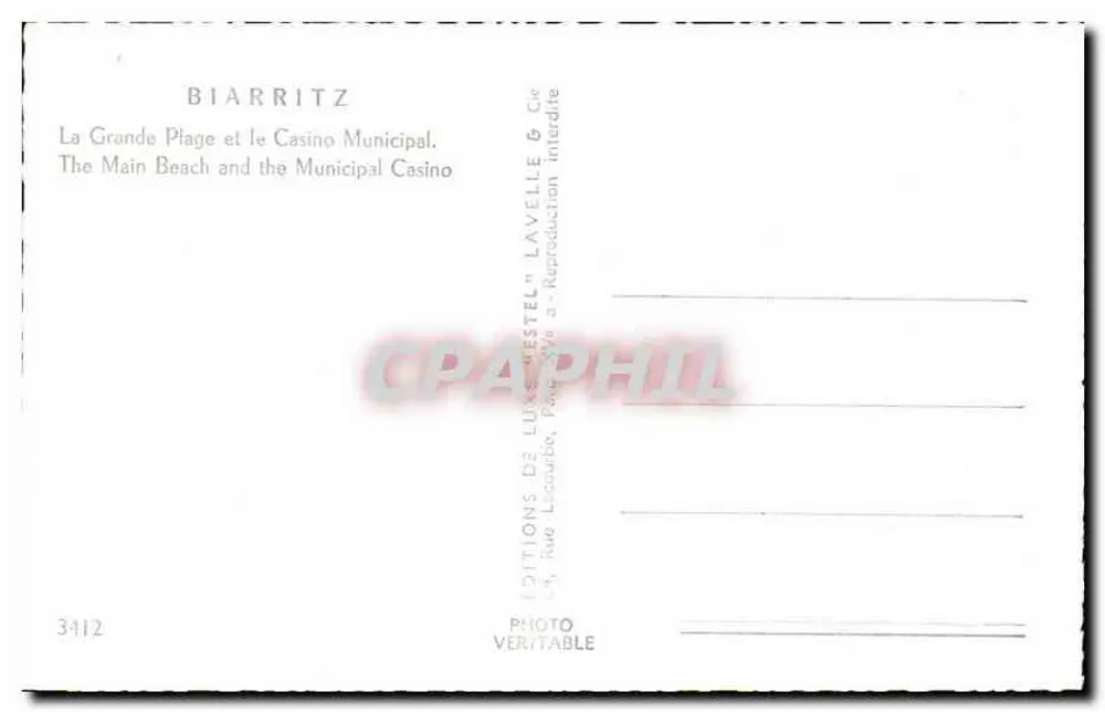 Biarritz — Die große Strandpromenade und das Municipale Casino — Verlag Estel, Nr. 3412 - Rückseite