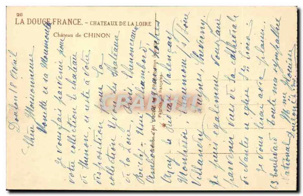 Castelo de Chinon — A Loire — Editora: La Douce France, n°26 - Verso