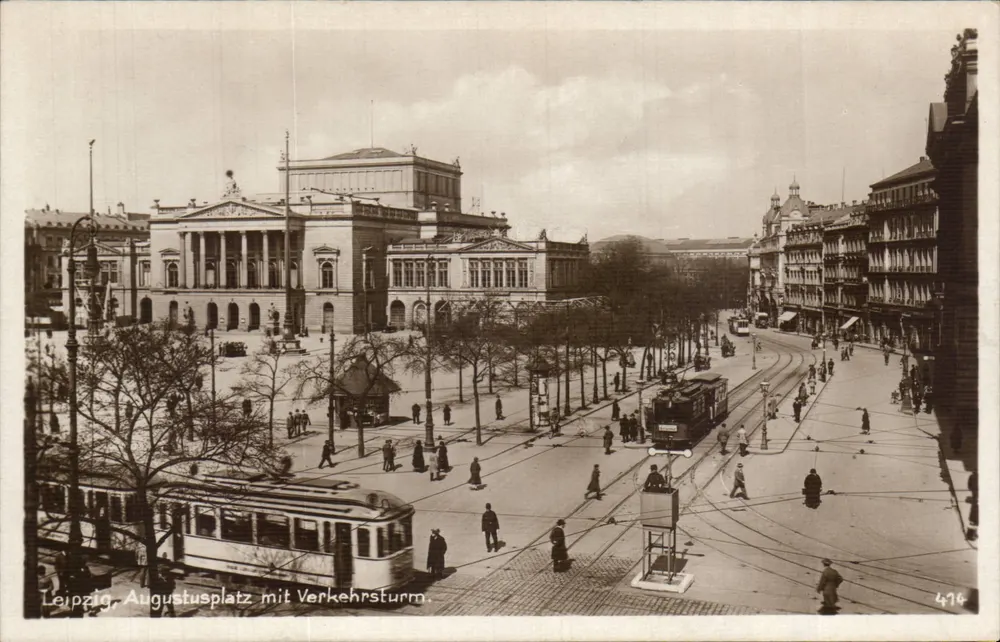 Leipzig, Augustusplatz z Wieżą Komunikacyjną — wydawca Kunstverlag Karl Fidensacher, nr 474 - Awers