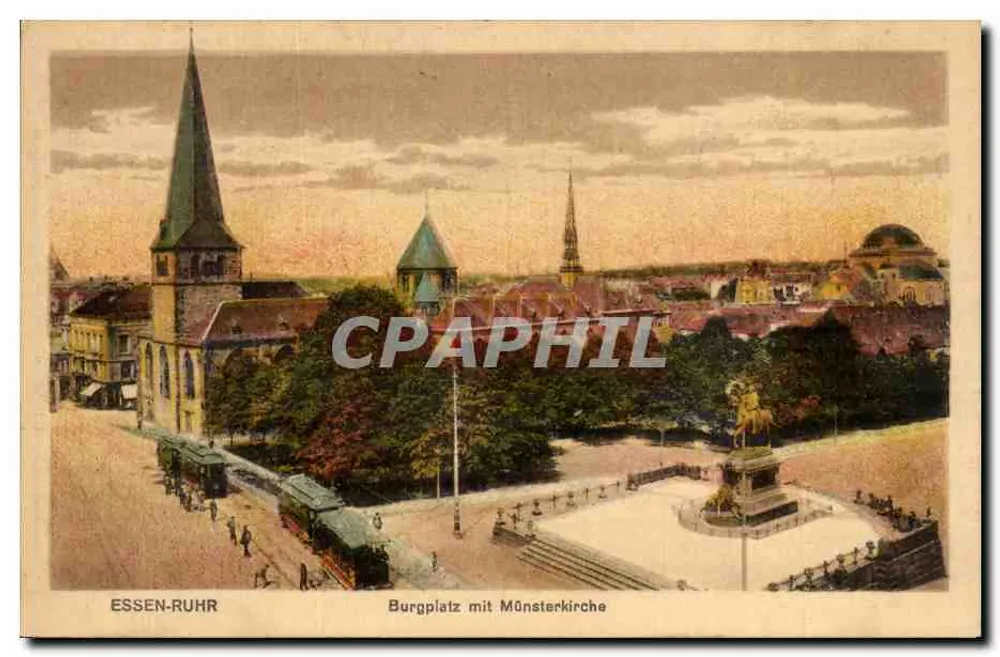 Essen-Ruhr — Burgplatz met Münsterkirche — Gebrüder Moonen, Bonn - Voorkant