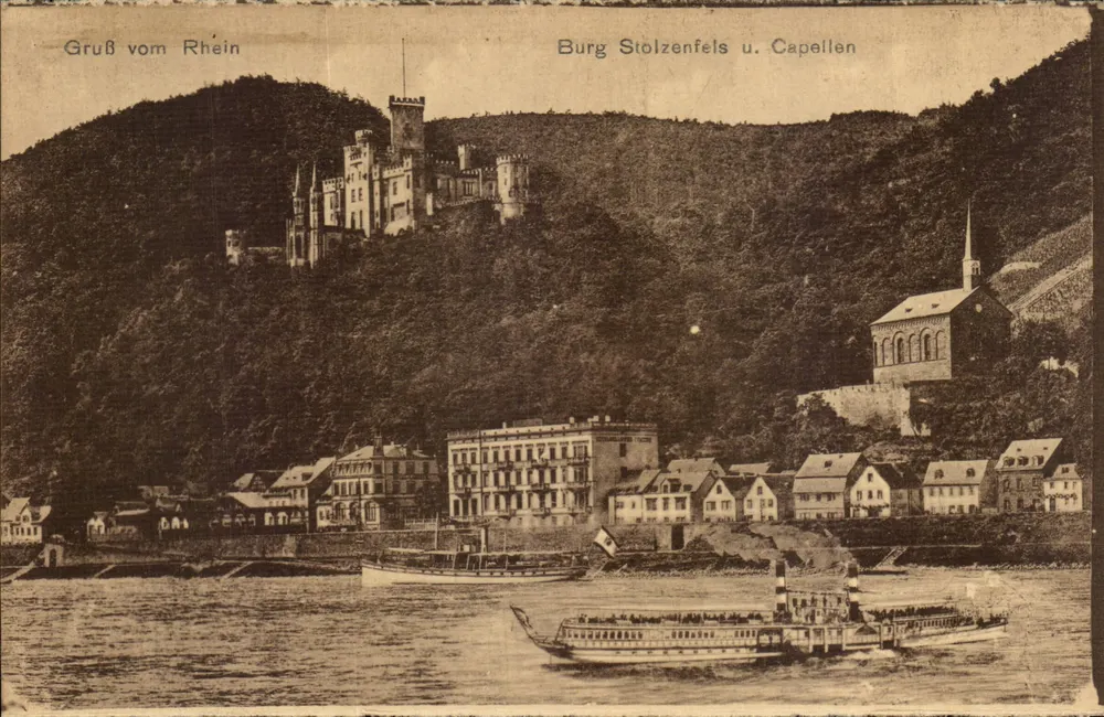 Burg Stolzenfels und Capellen — Ansicht des Rheins — Verlag K.S.M. Nr. 56359 - Vorderseite
